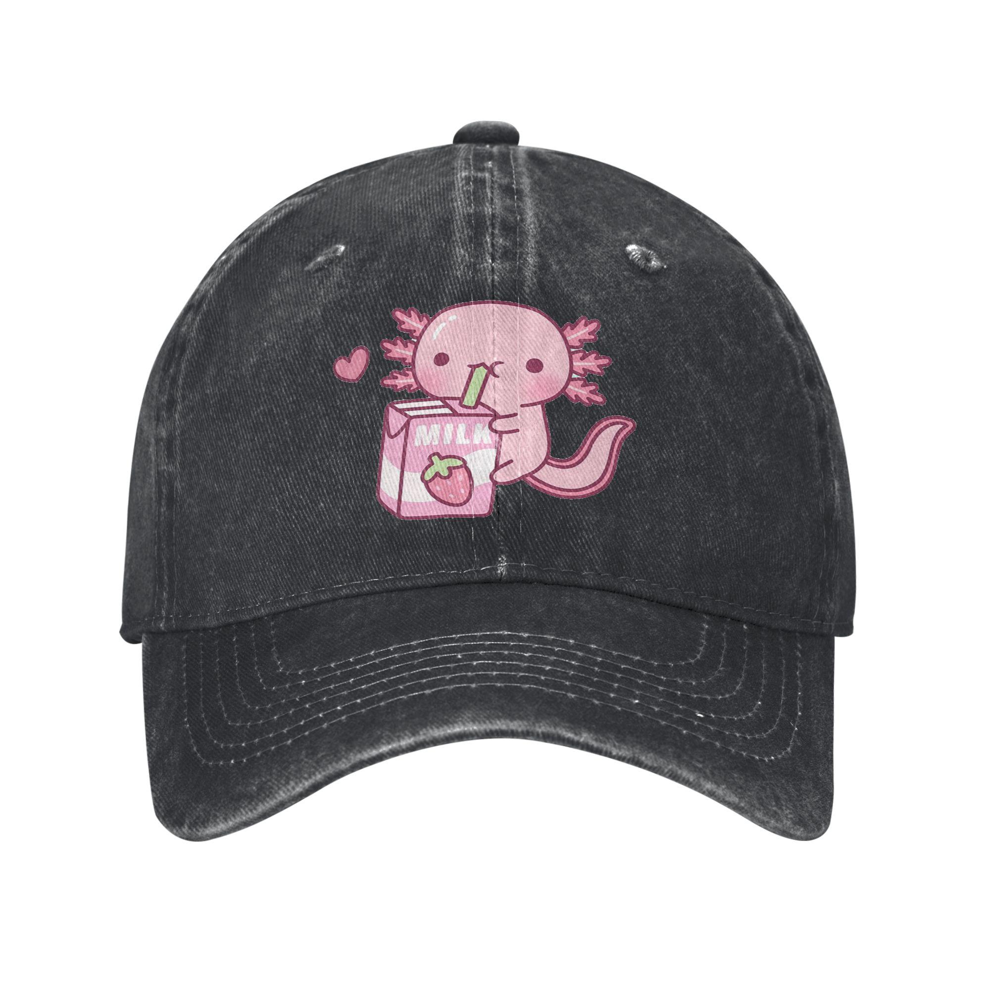 Cute Axolotl Loves Strawberry Milk Doodle Denim Cap Casual Baseball Caps Adjustable Hat Summer Unisex Baseball Hats One Size