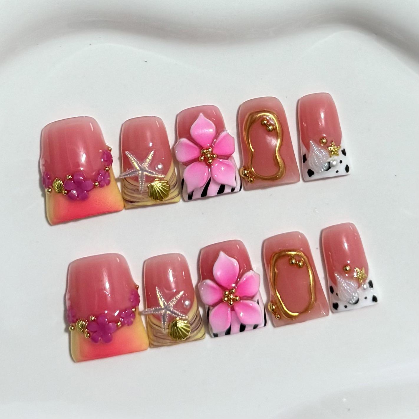 3D Carved French Style Duckbill Nails: Sweet & Cool Handmade Wearable M【includes toolkit】