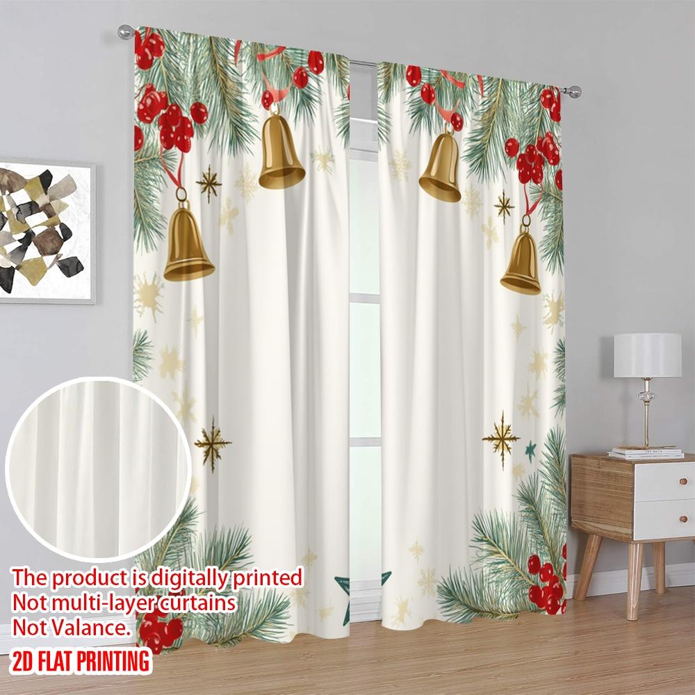2pcs,2D Plane Printing Curtains Digital Printed Christmas Bells Stars Holly (3) Durable 100% Polyester Fabric (without Rod)