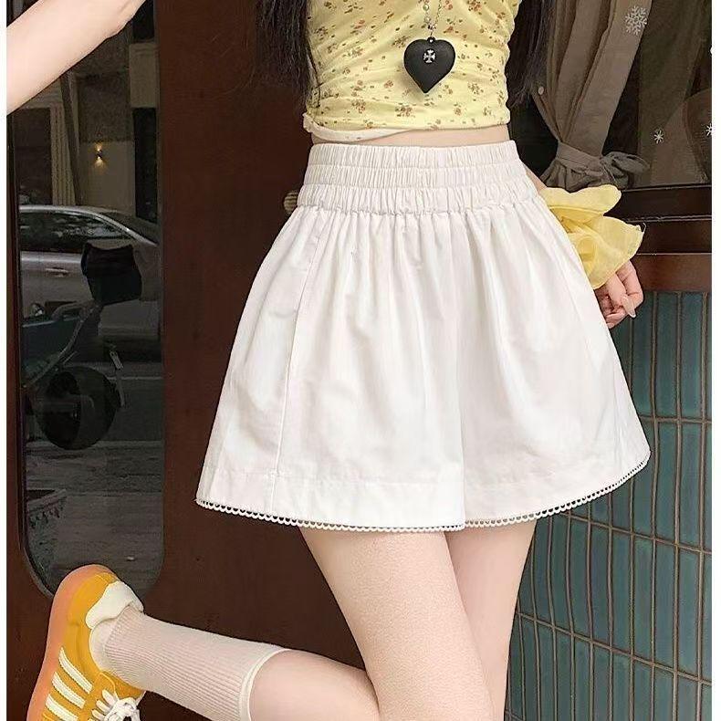 Korean Style Women's Lace Trim Elastic Waist Shorts - 2025 Summer Petite Casual Loose Slimming Wide Leg Pants