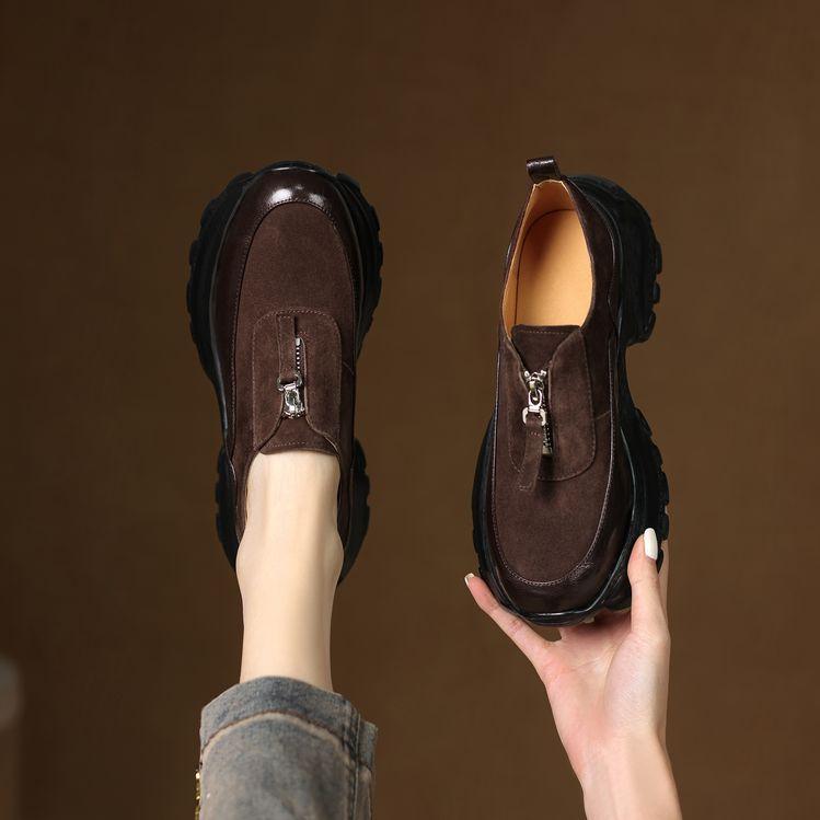 Coarse Heel Muffin Thick-soled Sheepskin Single Shoes Women's 2025 Spring Splicing Waterproof Table Round Head Ultra-light Casual Loafers