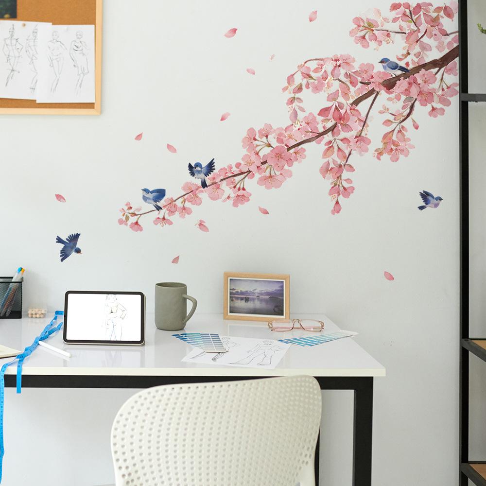 Watercolor Cherry Blossom Branches and Magpie-themed Wall Stickers for Home Decoration In Living Room