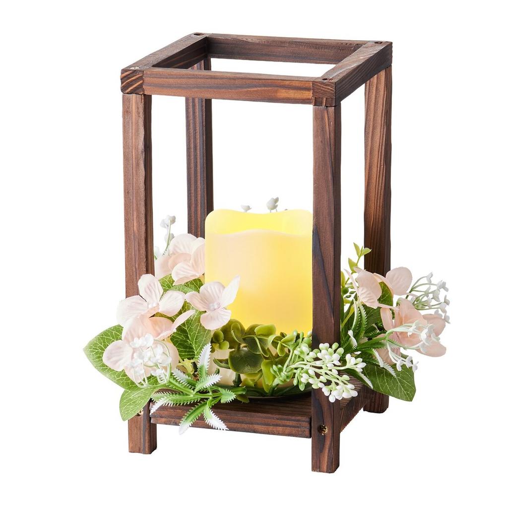 10 Set/30 Pcs Wooden Wedding Lantern Centerpiece, Includes 10 Wooden Lantern Candle Holder 10 Flameless LED Candle 10 Champagne Flower Wreath for