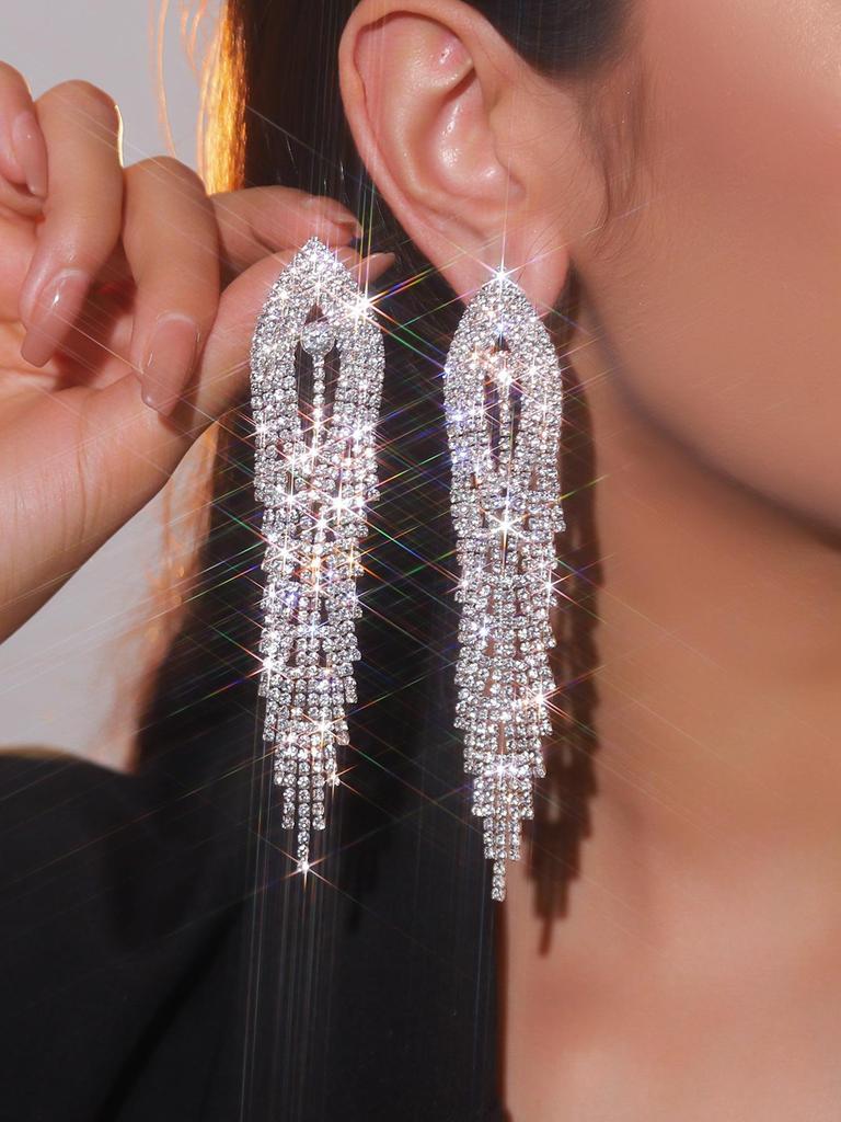 Luxury Rhinestone Tassel Clip-On Earrings for Women - Bridal Accessories
