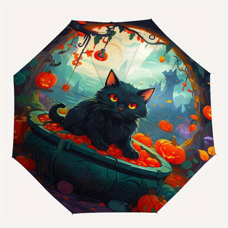 Halloween Schwarze Katze mit Kürbissen Dekorative PlatteRegenschirm mit Süßem Design, Tragbarer 3-Fach Kompakter Regenschirm für Damen & Herren, Valentinstag Muttertag