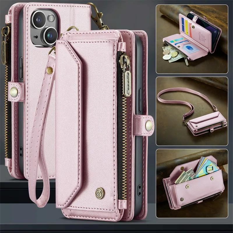 Capa de Celular de Couro Flip com Cordão Longo para iPhone 17 Pro Max Air 16E 16 Plus 15 14 13 12 11 X XS XR SE 2022 8 Carteira com Zíper Porta Multi Cartões Capa