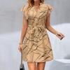 Women's Split V Neck Cap Sleeve Mini Dress Loose Fit Mid Waist Geometric Print Self Tie Sundress