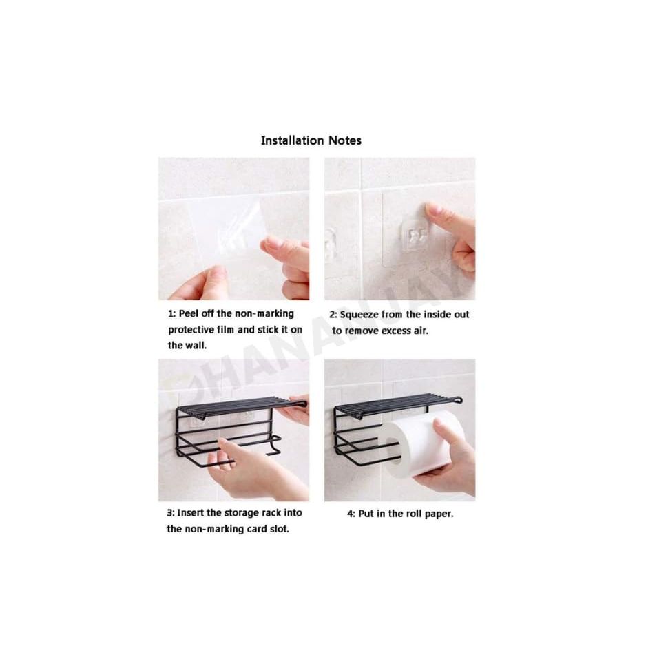 Self Adhesive Toilet Paper Holder/Tissue Paper Roll Holder with Mobile Stand/Towel Bar Hanger Storage Rack/Bathroom Accessories (Black)