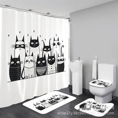 American-Style Waterproof Shower Curtain Set with Cat Patterns – No-Drill Installation, Includes Toilet Mat and Accessories