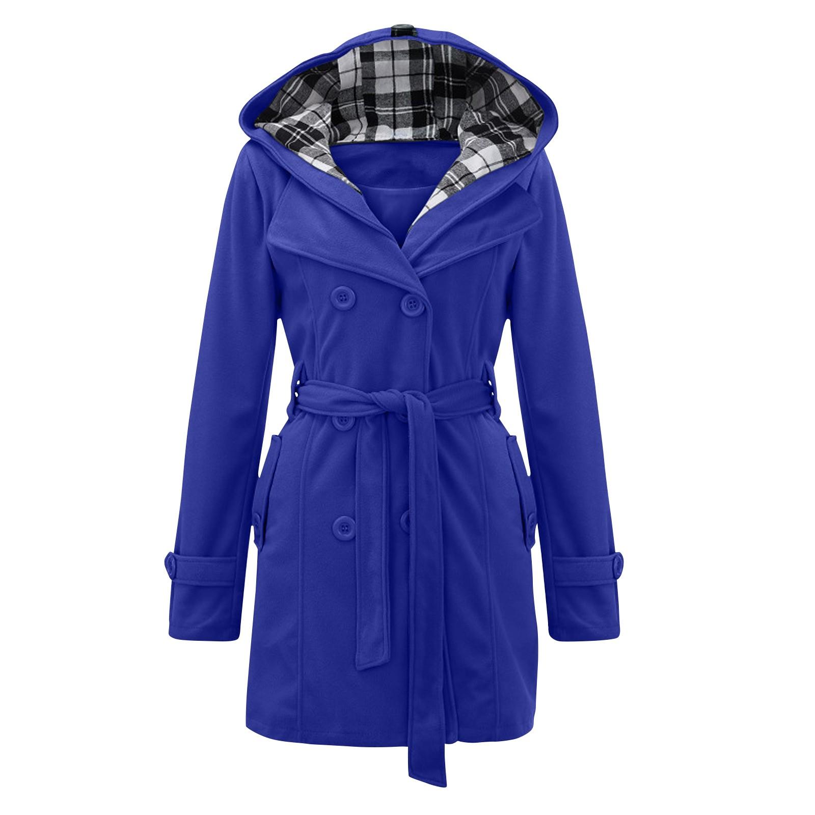 

Женская теплая зимняя двубортная куртка с капюшоном и длинными секциями с поясом XL