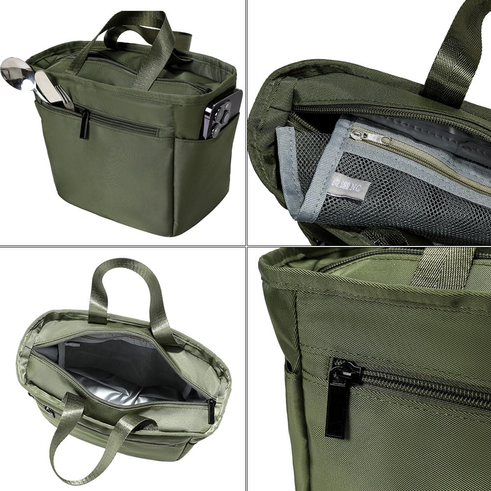 A delicious dark green insulated lunch bag perfect for lunch large enough to fit a water and perfect for 20cm x 21cm x 13cm boxes, bottle, camping.