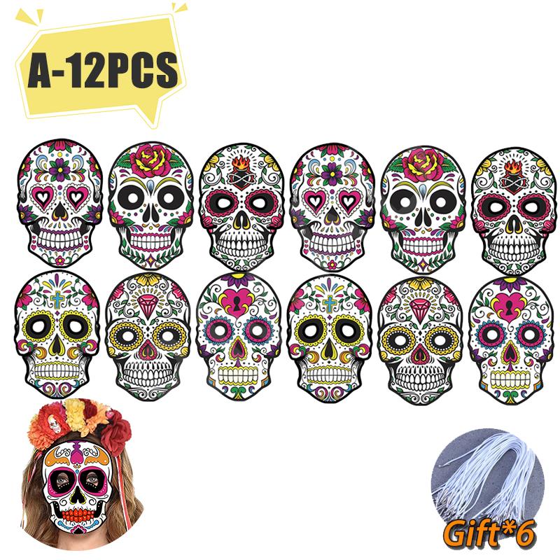 

6-60PCS Halloween Colorful Skull Masks Mexican Day of The Dead Paper Mask Set for Party Masquerade Theme Decor DIY as the picture-