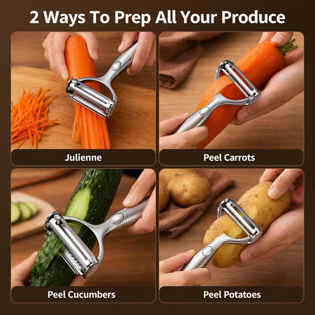 2-in-1 Multifunctional Vegetable Peeler with Stainless Steel Julienne Blade Sharp Handheld Kitchen Peeler Tool for Potato Carrot Cabbage Fruit