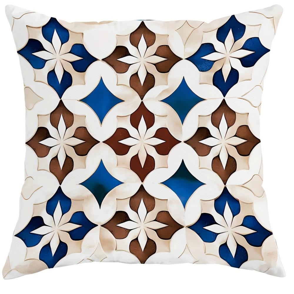 Home Decor Blue Brown Floral Geometric Pillow Covers Pattern Cushion Cover Suitable For Sofa Bedroom Car Pillow Cover