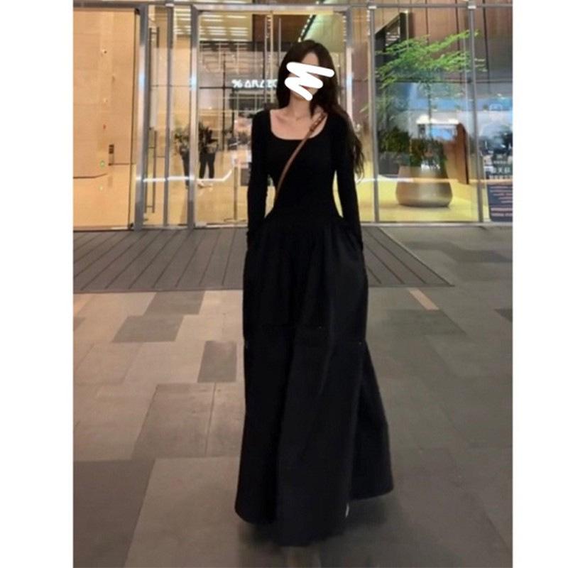 Dámské černé pletené šaty s dlouhým rukávem ve stylu Hepburn, podzimní 2023