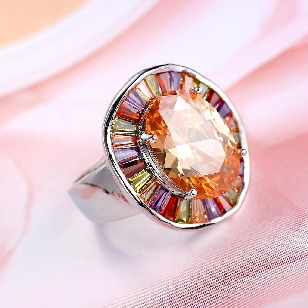 Colorful Zircon Ring: European & American Fashion, Champagne Shine, Luxury Full-Diamond Design, Eye-Catching Statement Jewelry for Women.