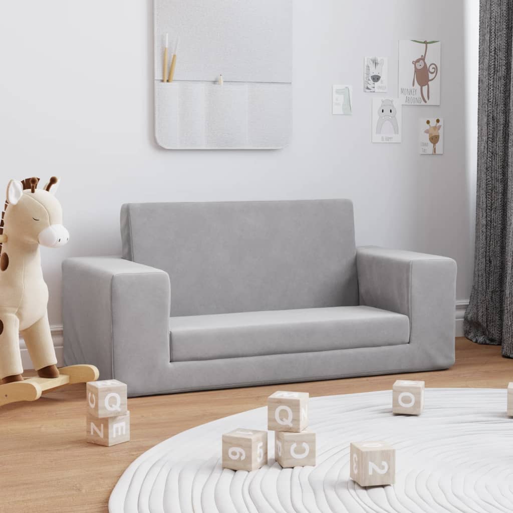 Kids Sleeper Sofa 2 Seater Light Grey Soft Plush
