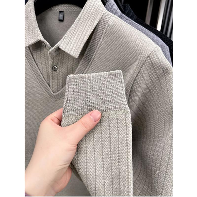 Mens Sweater Polo Collar Label Patchwork Stripes Plush Wool Liner Knitted Thickened Sweater Print Thermo Menswear