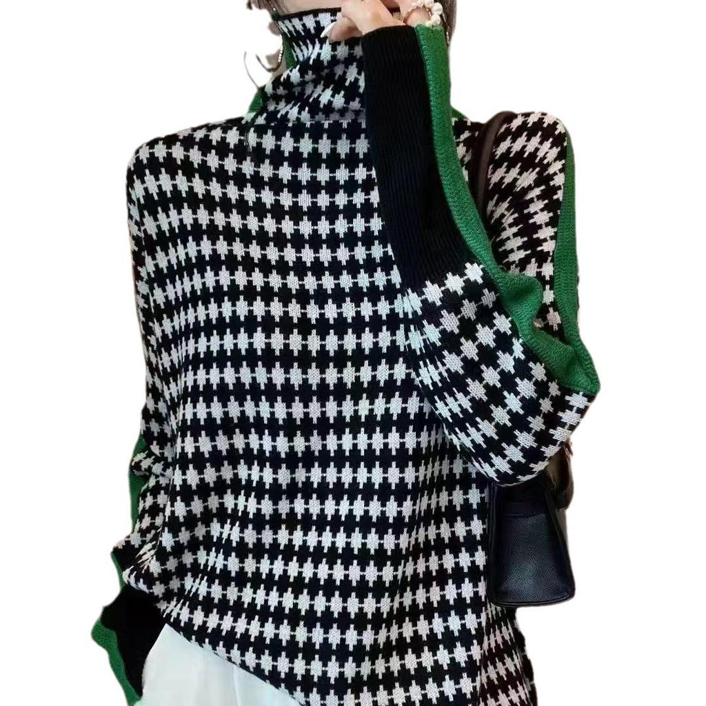 2024 Autumn/Winter Women's Turtleneck Sweater: Retro Pattern, Contrast Color, Knitted Style