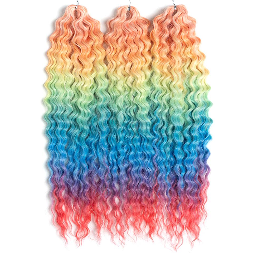 FASHION IDOL Ariel Twist Crochet Hair Synthetic 22 Inch 3 PCS Water Wave Hair Extensions Ombre Rainbow Color Braid Curly Hair