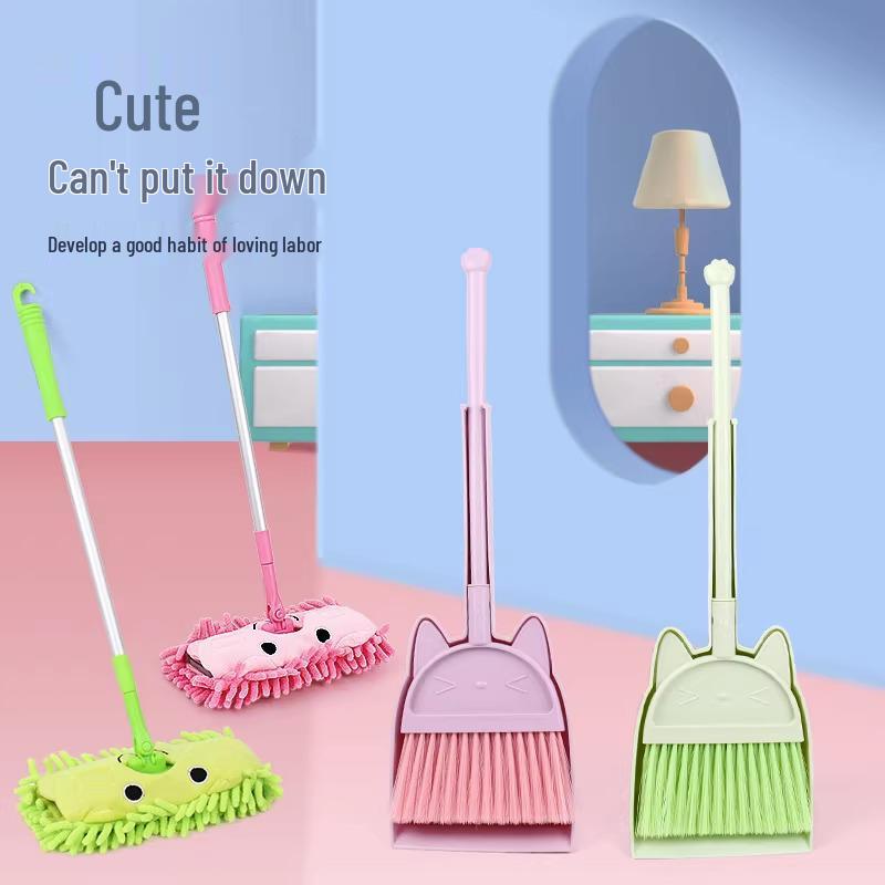 Kids' Cat-Themed Cleaning Set: Mini Broom, Dustpan, and Mop for Playhouse and School