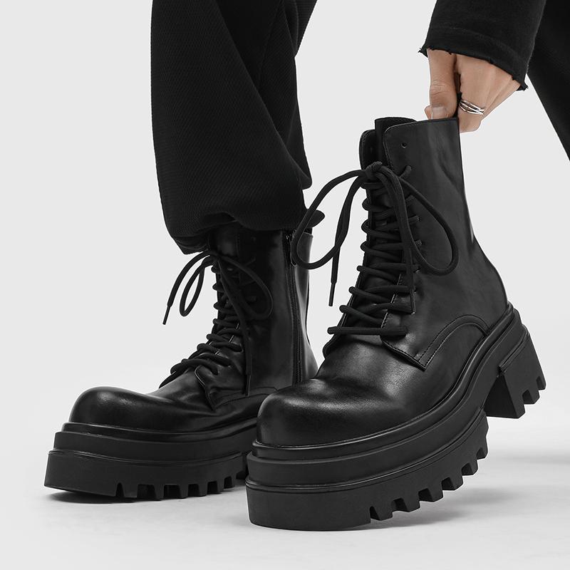 Mode Herbst- und Winter Herren Schnürstiefel mit hohem Schaft Bequeme Reißverschluss Stiefel mit Absatz Dicksohlige Anti-Rutsch Wanderstiefel