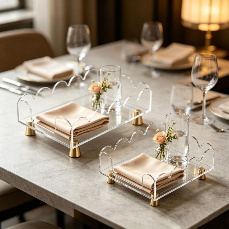 Acrylic Table Napkin Holder for Dining Table, Coffee Table, or Breakroom Table, Clear Direct Access Tray with Raised Base Profile Indoors