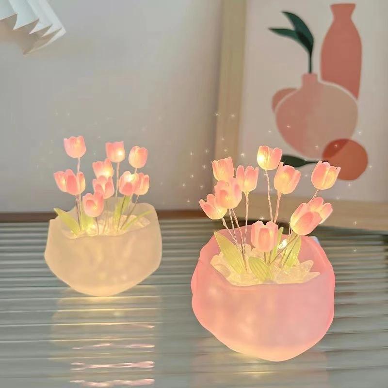 Artificial Tulip Flower Night Light Ornaments Handmade DIY Bedsides LED Night Lamp Bedroom Desk Decor Birthday Gifts Table Lamp