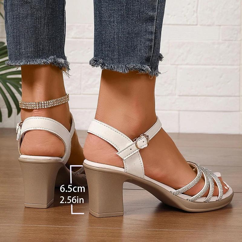 Fashion Women's Crystal High Heels Sandals 2025 Summer Buckle Strap Gladiator Sandals Woman Fashion Black Square Heeled Party Shoes