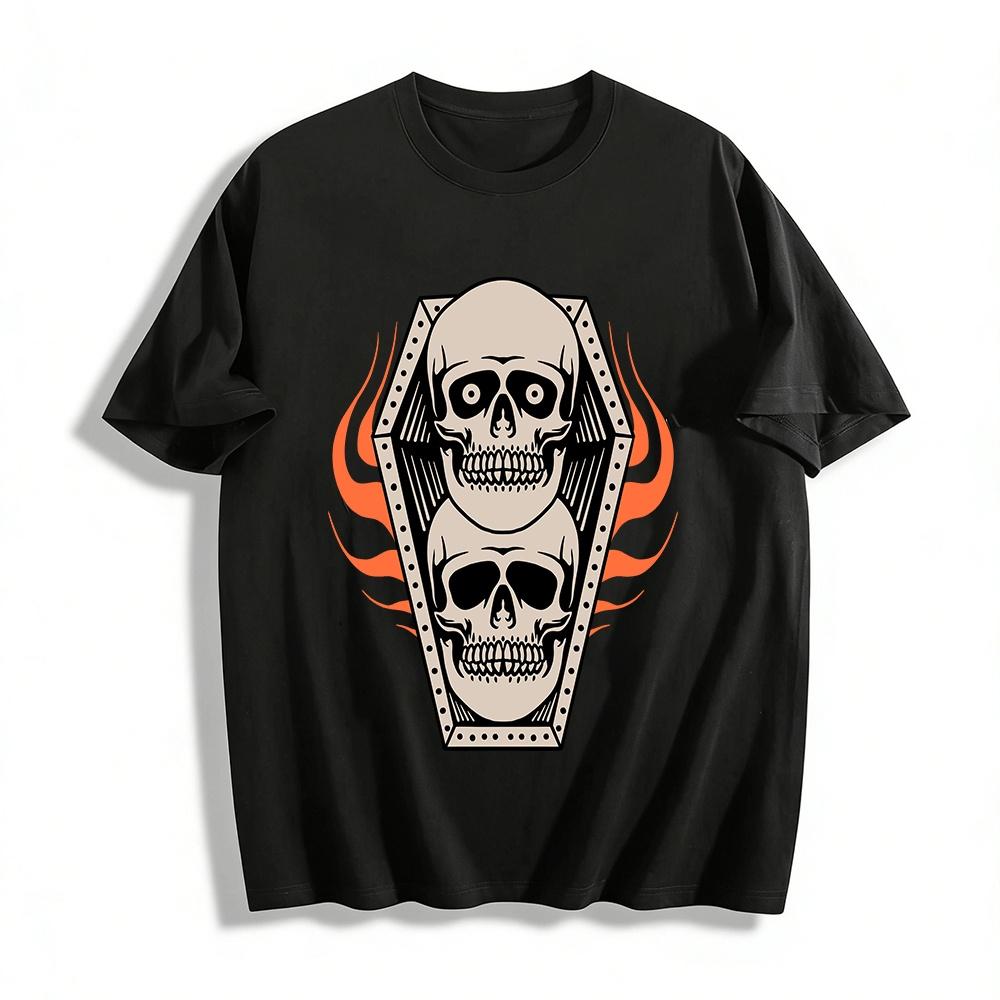 

Vintage Double Skull Coffin Flame Print Trendy Casual T-Shirt Pure cotton T-shirt XXS