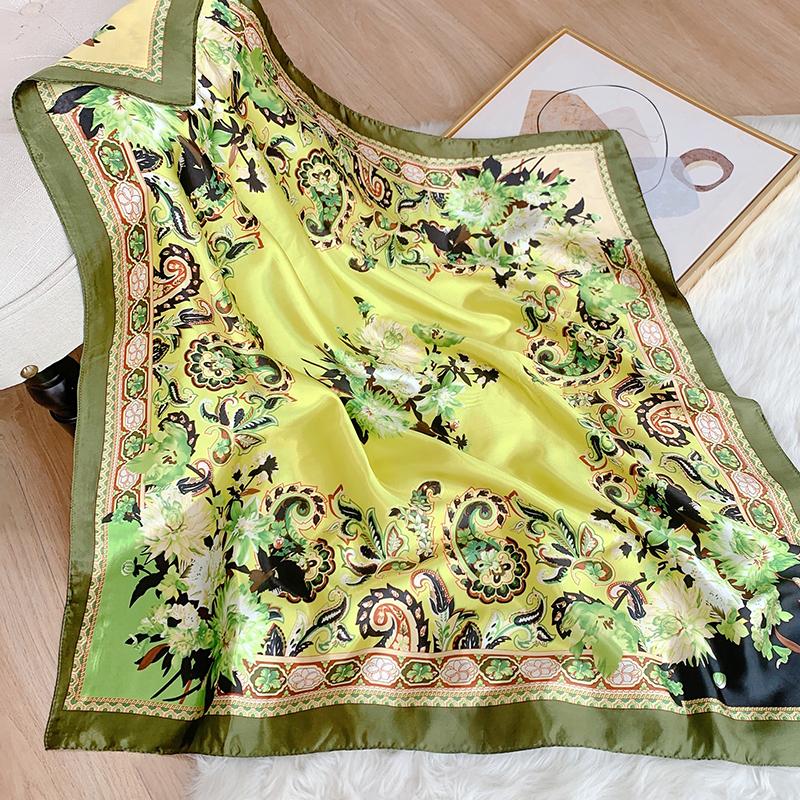 Satin Square Scarf Women Floral Hijab Elegant Print Silk Neckerchief Shawl Wraps Headband Handle Hair Accessories Bandana