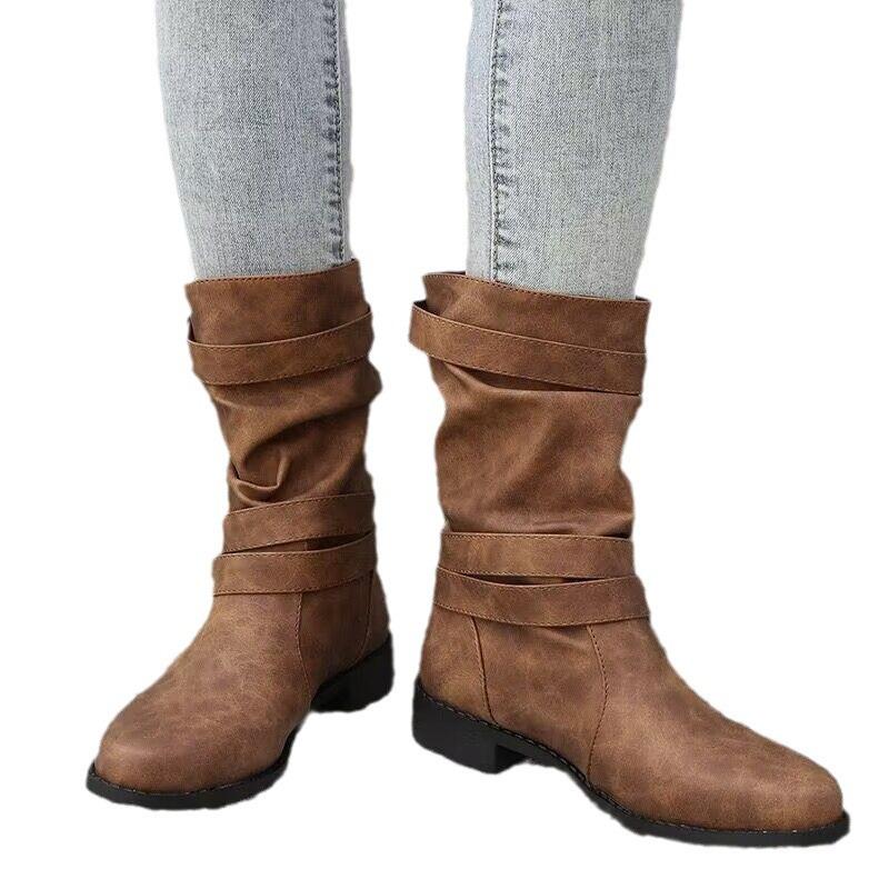 Autumn and Winter New Belt Buckle Round Head Middle Heel Fashion Women's Boots Style Temperament Large Size Martin Boots
