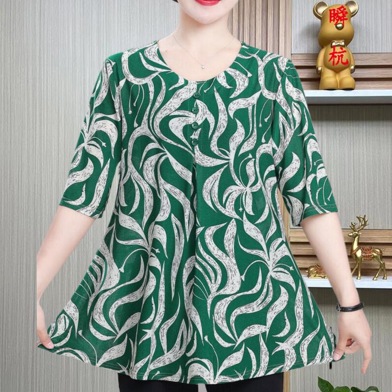 Summer Half Sleeve Blouse Stylish Vintage Printed Women's Clothing Casual Round Neck Button Folds Commute Spliced Loose Shirt