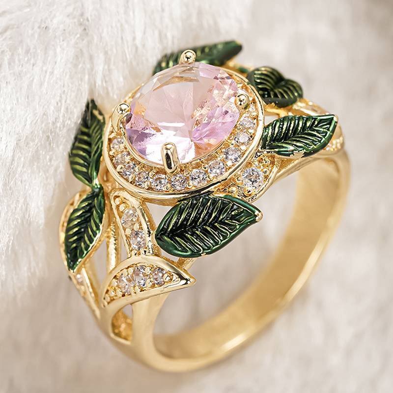 

Huitan Elegant Fresh Style Lady Ring Flower Design Inlaid Shiny Pink CZ Leaf Shaped Aesthetic Wedding Accessories Trendy Zircon 6
