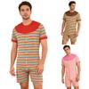 Pijama Bărbătească cu Dungi Body cu Bavețică Detașabilă Butoni în Față Mânecă Scurtă Pantaloni Scurți Pijamale One-Piece