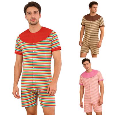 Pijama Bărbătească cu Dungi Body cu Bavețică Detașabilă Butoni în Față Mânecă Scurtă Pantaloni Scurți Pijamale One-Piece