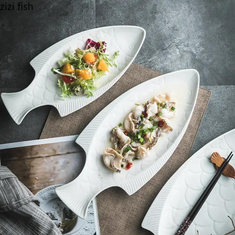 Ceramiczny talerz obiadowy Restauracja Kreatywny Talerz deserowy w kształcie ryby Naczynie na przekąski Talerz do sushi Talerz na rybę gotowaną na parze Jednokolorowe naczynia stołowe