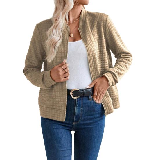 Women's Full Zip Up Jacket Long Sleeve Stand Collar Waffle Coat Casual Slim Fit Sweatshirt Fall Outerwear