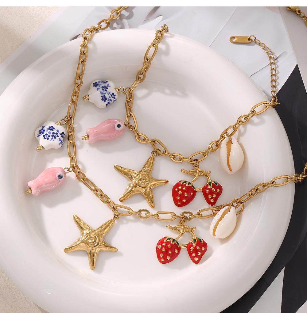 New Trendy Women's Vacation Shell Conch Strawberry Starfish Flower Fish Pendant Bamboo Chain Necklace