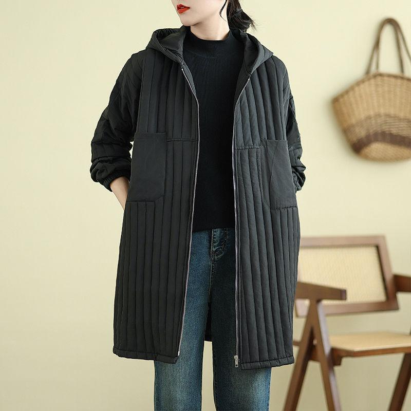 Large Size Fat Fashion Medium and Long Down Cotton Jacket Women's Autumn and Winter Thickened Warm Trench Coat Hooded Cotton Coat