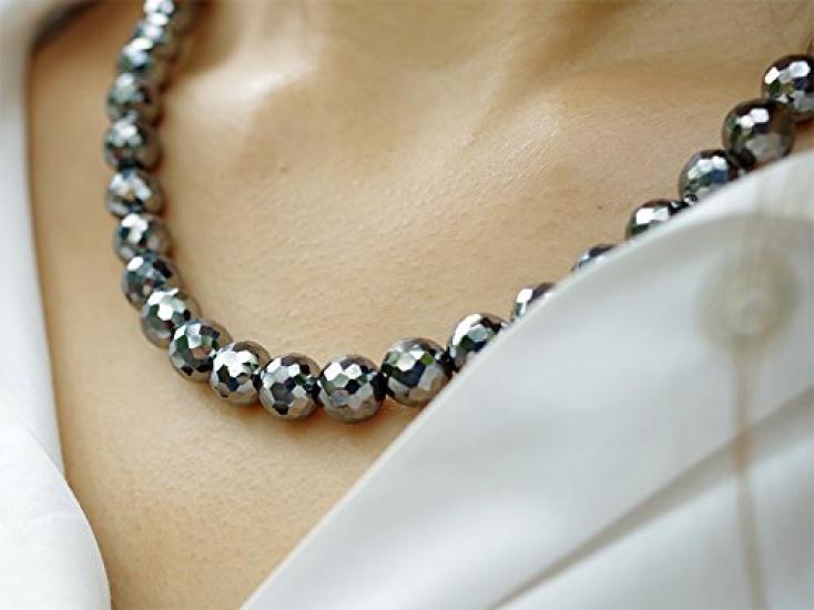 [GOLD STONE] Genuine Terahertz Stone Necklace, Mirror Cut, 8mm, 40cm, 99.999% High Purity, Sparkling Like a Mirror Ball