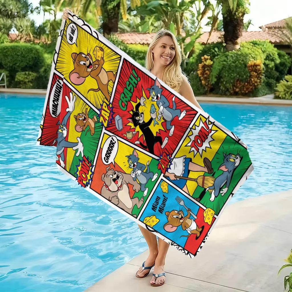 Tom&Jerry Flat Print Beach Towel Microfiber Soft Absorbent Bath Towel for Beach Pool Camping Summer Holiday Gift
