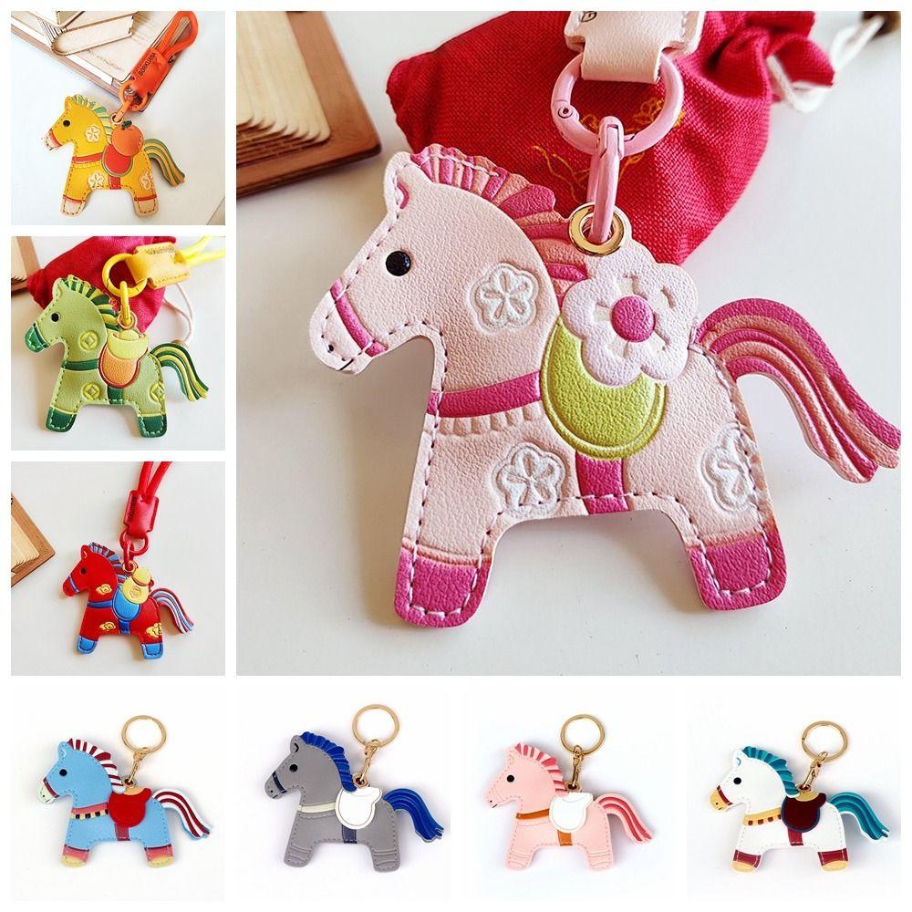 Leather Horse Keychain Access Control Card Holder Zodiac Pony Bag Hanging Year of The Horse