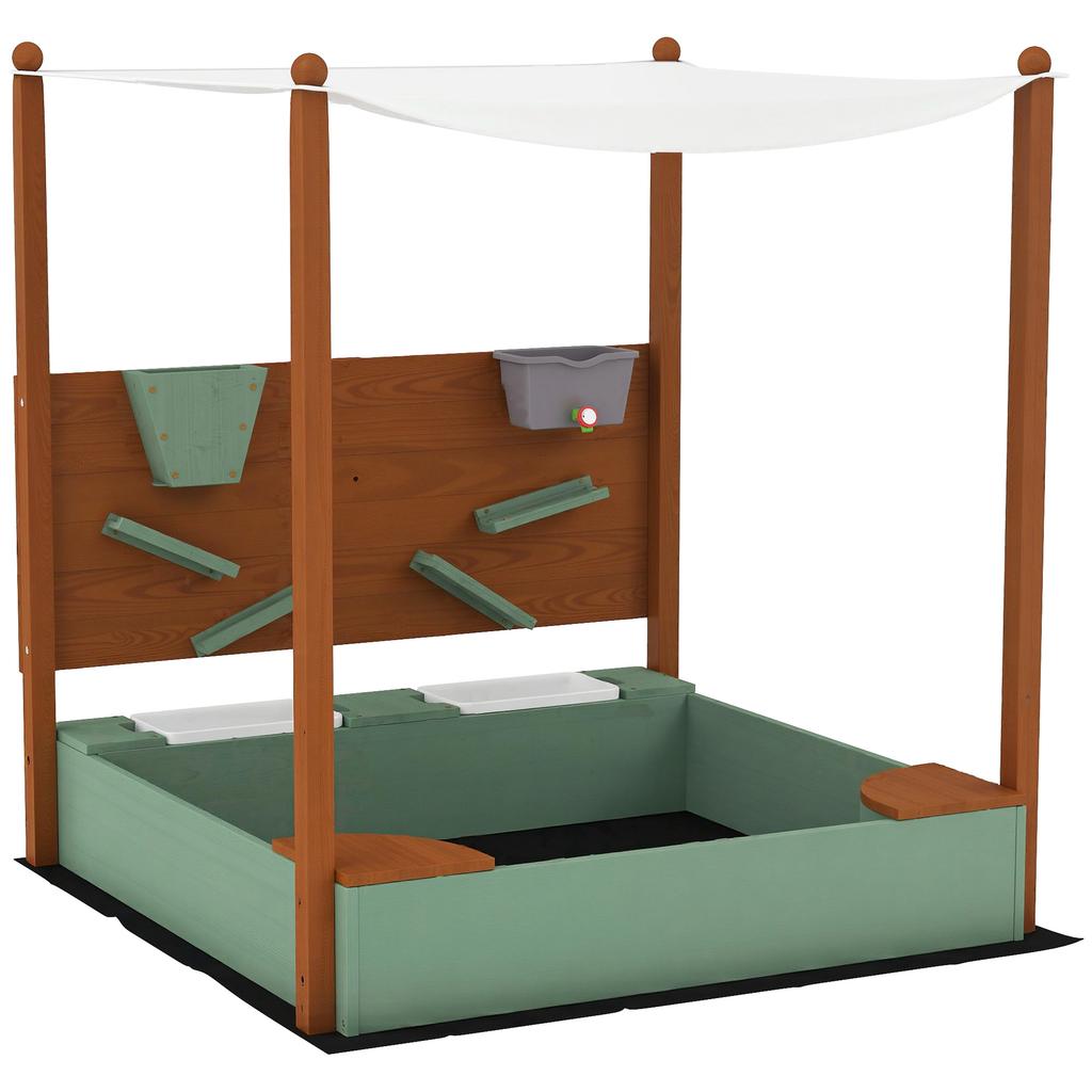 Wood Sandpit with Canopy, Storage Bins, Funnel, Liner, Chutes, Bucket with Tap, 116 X 112.5 X 128 Cm, Green