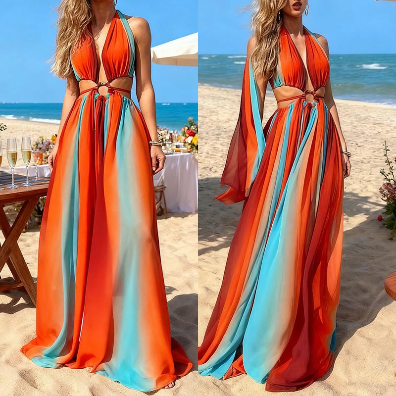 European and American women's clothing vacation beach split-ended pendulum dress sleeveless chest print woman