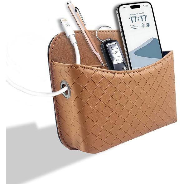 Car Door Organizer, PU Leather Storage Pouch With Strong Sticky Back For Phone, Keys - Fits Car Seat Side Pocket & Console Gap, Universal Car