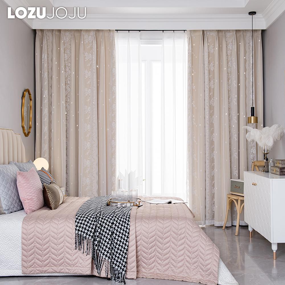 A Set of LOZUJOJU Hollow Star Blackout Curtain and Lace Sheer Curtains Integrated Gauze Curtain and Curtain for Living Room Bedroom Home Decor