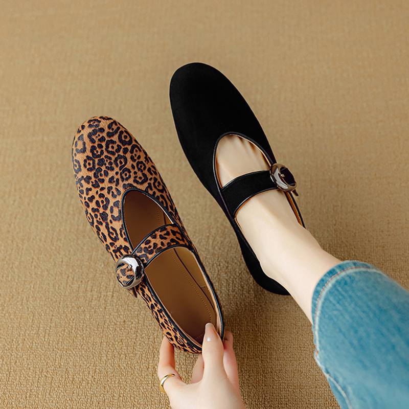 Krazing Pot Piele de Oaie Suedeză Vară Mărimea 40 păr de cal leopard mary janes Tocuri Joase vârf rotund Balerini eleganți decupați