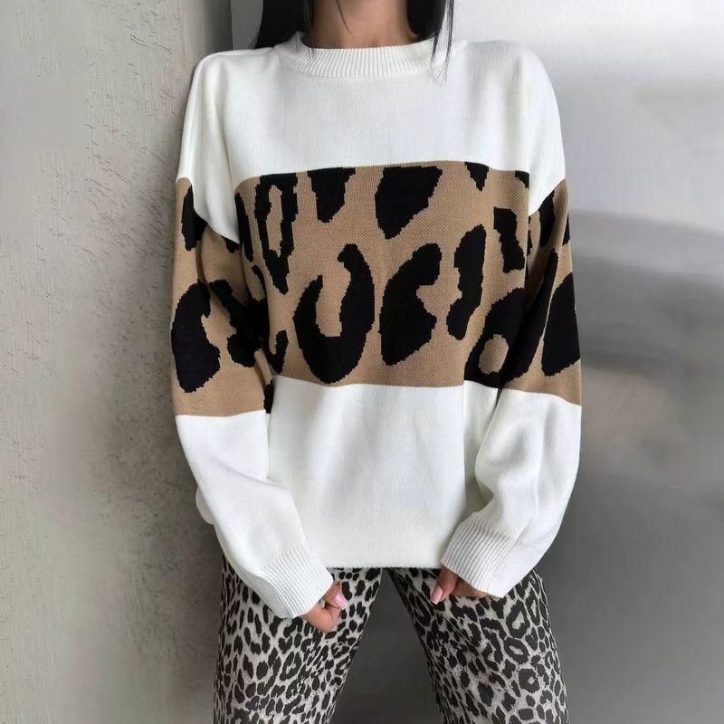 

European and American Retro New Casual Loose Contrast Color Leopard Print Sweater Loose Leopard Print Sweater White M