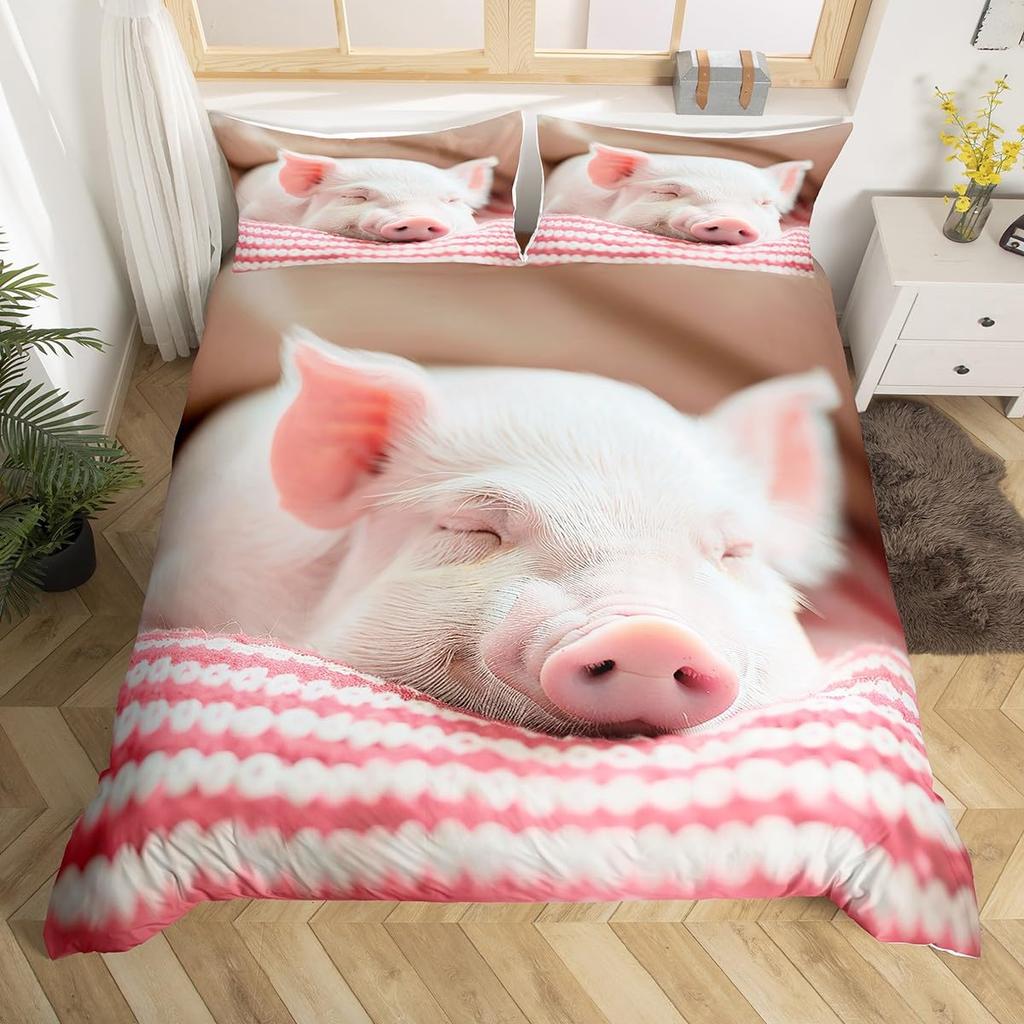 Rozā cūciņas gultas veļas komplekts King Queen Guļošas cūciņas segas pārvalks bērniem, zēniem, meitenēm, Kawaii dzīvnieku segas pārvalks ar 2 spilvendrānām